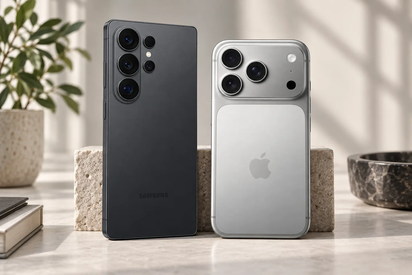 Серебристый iPhone 17 Pro и чёрный Samsung Galaxy S26 Ultra рядом на столе
