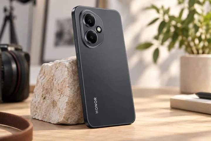 Чёрный Honor 400 с двумя задними камерами на светлом столе