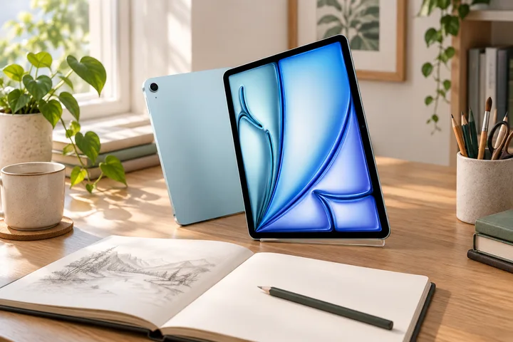 Голубой iPad Air на столе для учёбы и рисования