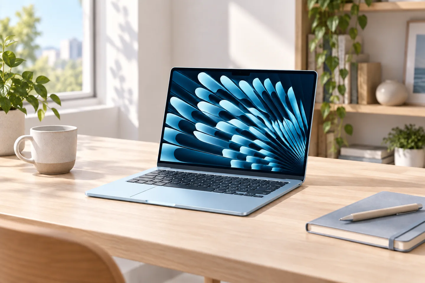 Открытый голубой MacBook Air на рабочем столе у окна