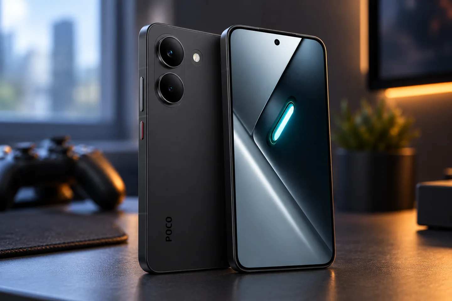 Чёрный POCO X8 Pro на столе для игр