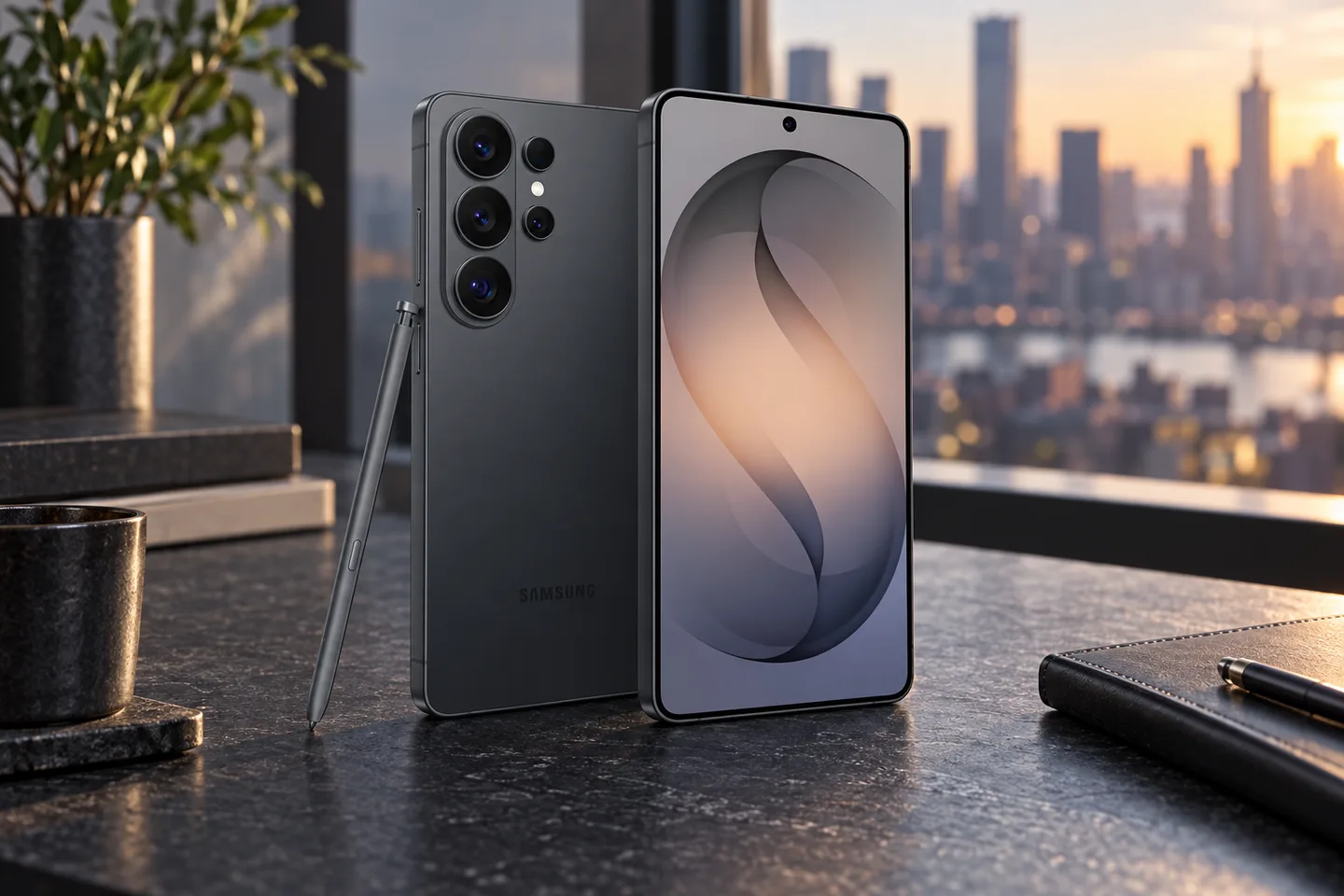 Смартфон Samsung и S Pen на столе у окна
