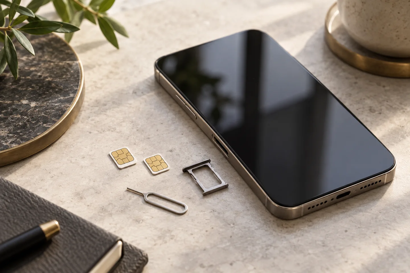 Смартфон, две SIM-карты, лоток и инструмент для его извлечения