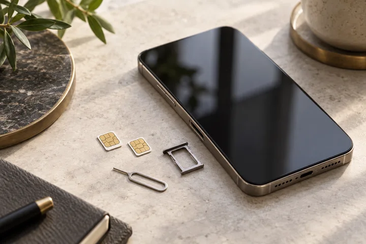 Смартфон, две SIM-карты, лоток и инструмент для его извлечения