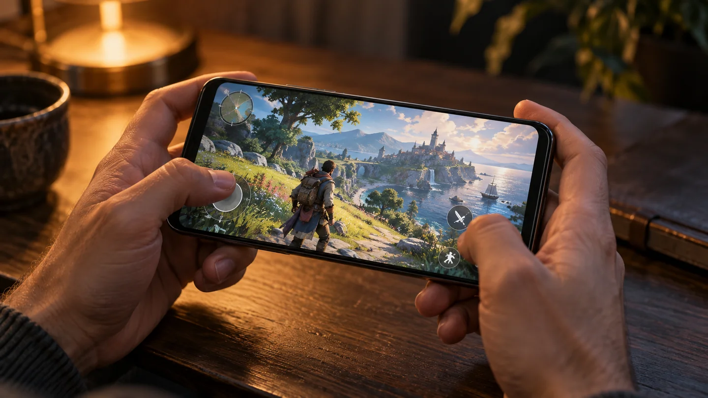 Игра на смартфоне: телефон в горизонтальном положении в руках