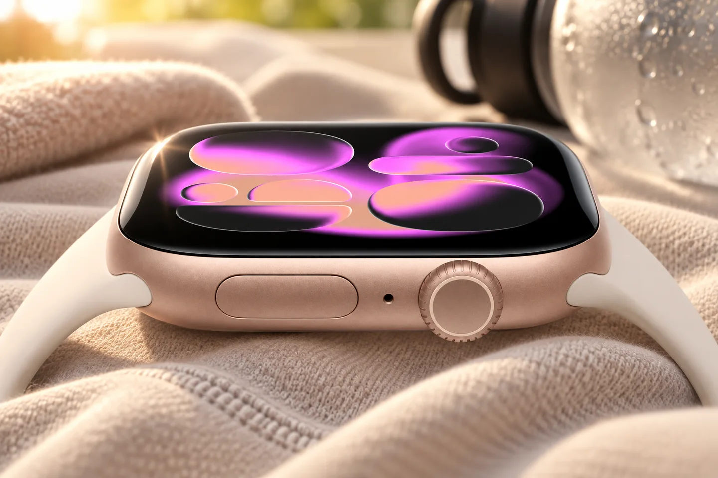Apple Watch Series 11 с кремовым ремешком крупным планом