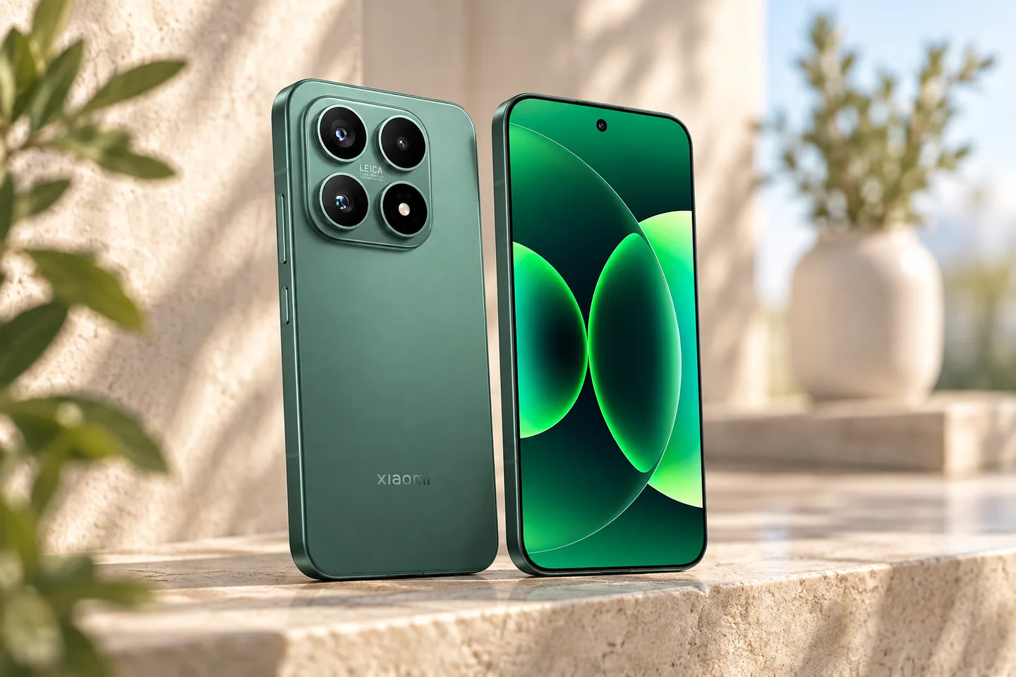 Зелёный Xiaomi 17 на светлой каменной полке