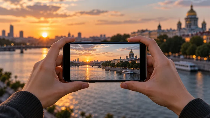 Смартфон в руках снимает городскую набережную на закате